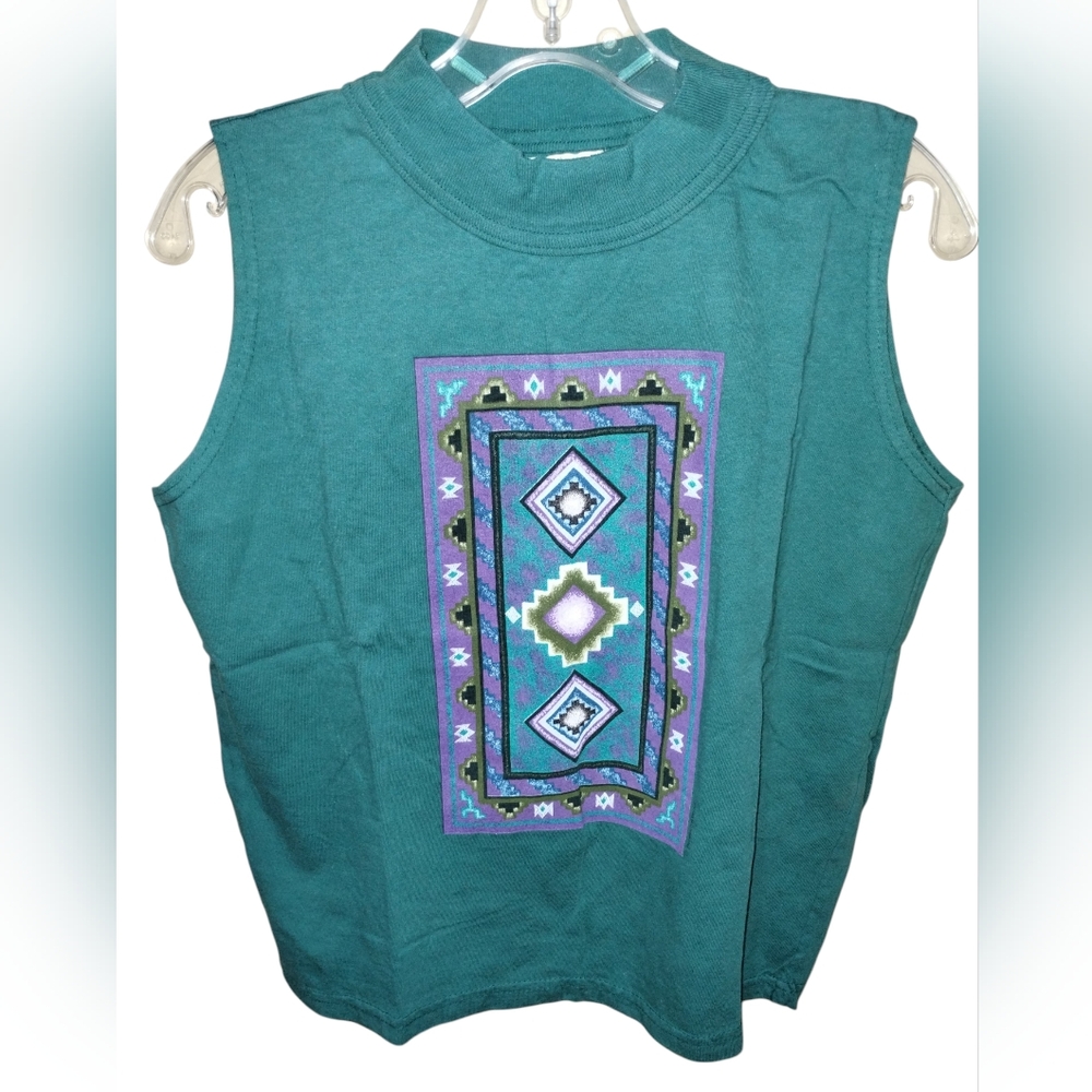 Vtg 90s B. Moss T-Shirt M Teal Cotton USA Sleeveless Mock Neck Mint